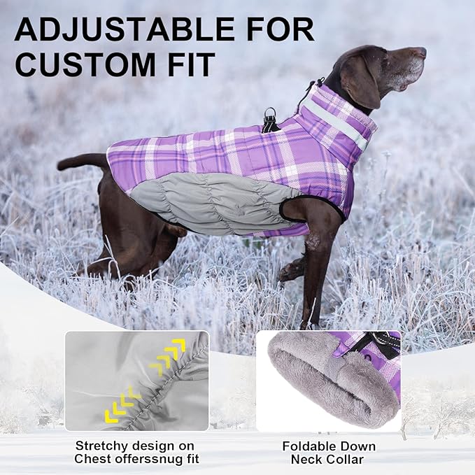 BEAUTYZOO Dog Winter Coat with Harness Built in, Reflective Plaid Puffer Vest Waterproof for Small Dogs, Fleece Warm Puppy Zipped Jacket with D Ring, Pet Cold Weather Sweater Clothes, Purple S
