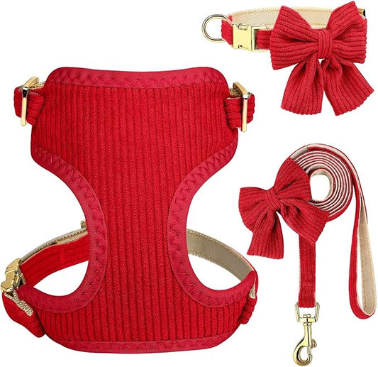 Didog Cute Small Dog Harness Collar and Leash Set with Bowtie, Breathable Soft Mesh Padded Puppy Harness, Christmas Dog Harness for for Parties, Holiday Gatherings & Gifts, Red, M