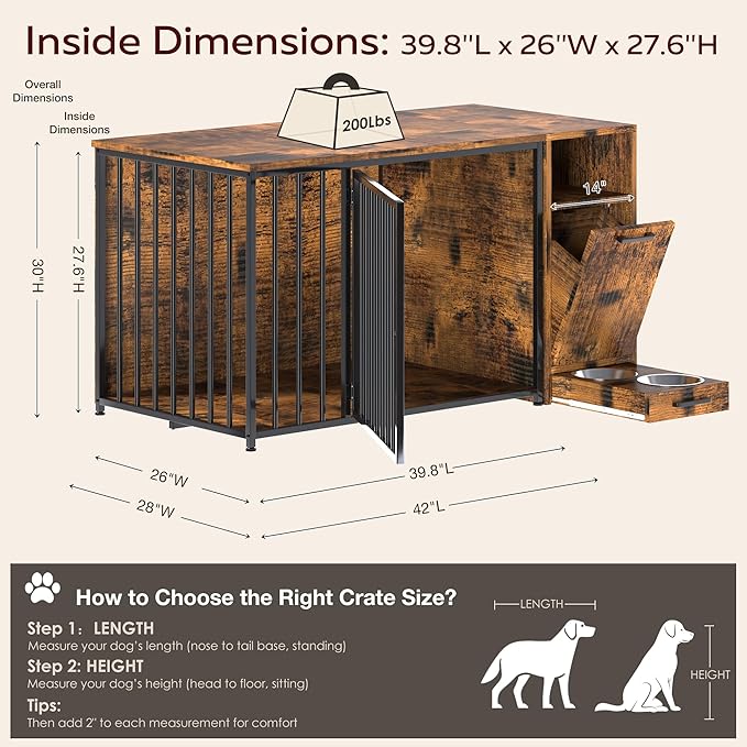 Dog Crate Furniture with Storage Cabinet, 42 Inch Wooden & Steel Decorative Indoor Kennel, Pet Cage End Table for Large and Medium Dogs, Escape-Proof & Chew-Proof, Rustic Brown