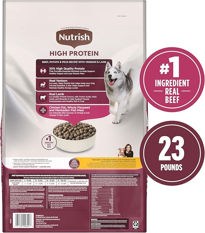 Nutrish High Protein Dry Dog Food Beef, Potato & Peas Recipe with Venison & Lamb, 23 lb. Bag, (Rachael Ray)