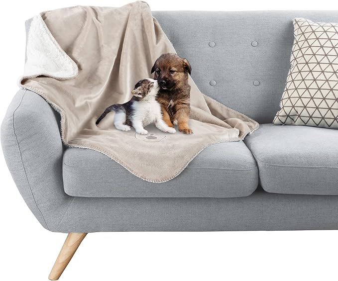 PETMAKER Waterproof Pet Blanket - 30x40-Inch Reversible Sherpa Fleece Throw Protects Couches, Cars, and Beds from Spills, Stains, and Fur (Tan)