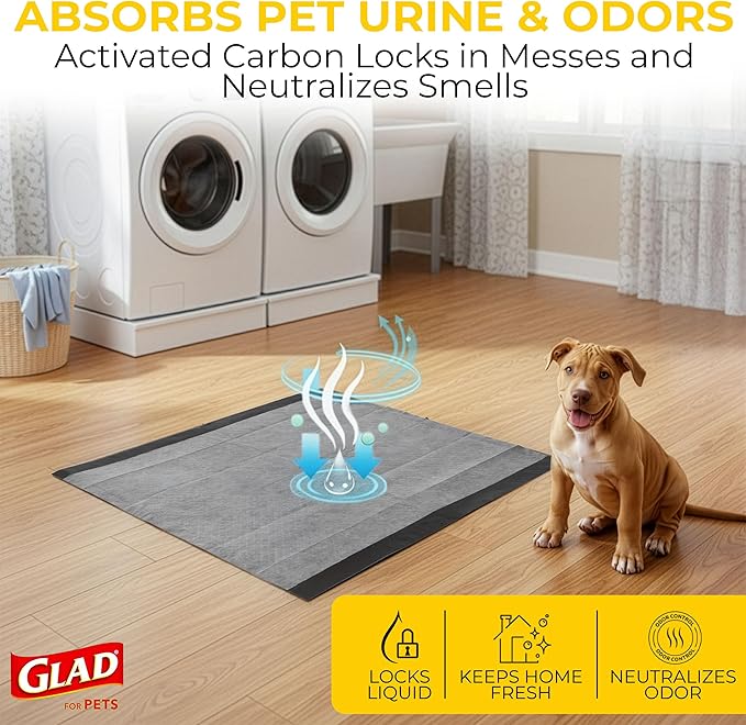 Glad for Pets Black Charcoal Puppy Pads, 23"x23" Disposable Training Pads That Absorb & Neutralize Urine with Activated Carbon - 100 Count