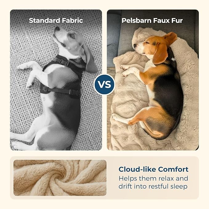Pelsbarn Dog Bed for Couch, Luxurious Sofa Bed for Dogs with Non-Slip Oxford Bottom - Faux Rabbit Fur with Removable Cover, Small, Beige - 28x28 in