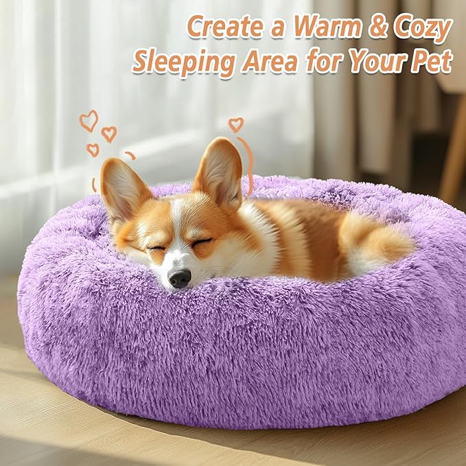 JOLLYVOGUE Small Dog & Cat Beds for Indoor Cats, Donut Cuddler Warming Soft Dog Beds with Anti-Slip Bottom, Round Calming Fluffy Plush Faux Fur Cushion Bed for Small Dogs (20", Purple)