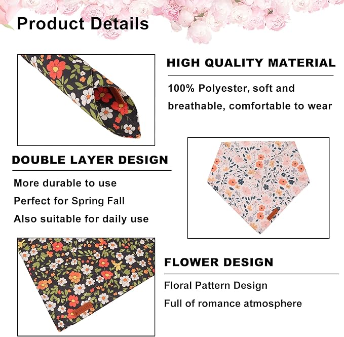 ADOGGYGO Floral Dog Bandana, Black Pink Flower Pet Scarf, Premium Durable Fabric, Cute Floral Bandanas for Small Dogs (Small)