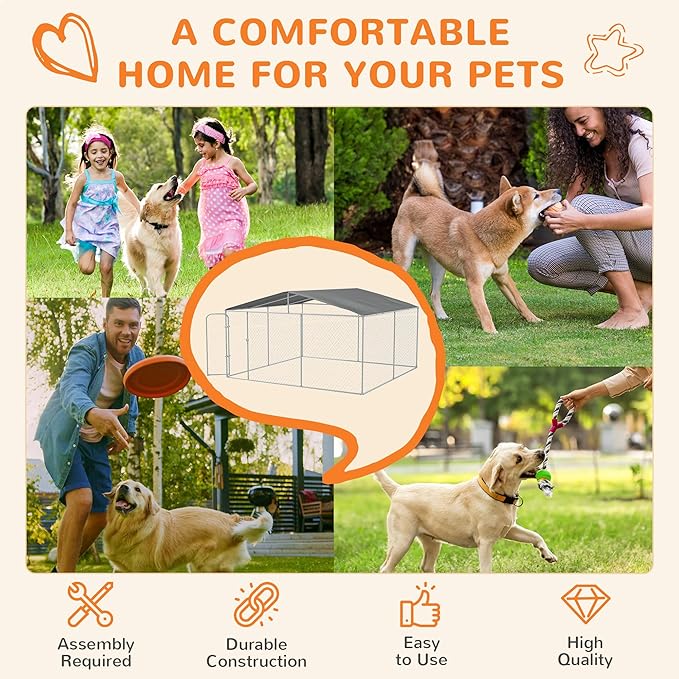 PawHut Outdoor Dog Kennel, Heavy Duty Dog Run Outdoor Fence with Waterproof Cover, Galvanized Chain Link, Secure Lock, for Large Breeds, Chickens, Ducks, 13' x 13' x 7.5'