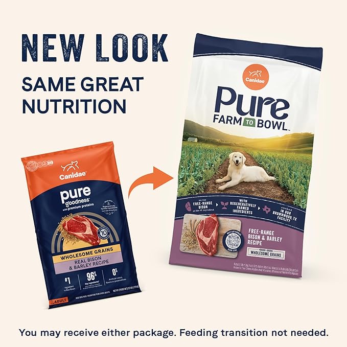 CANIDAE Pure Farm to Bowl Free-Range Bison & Barley Dog Food, Adult, 4lb