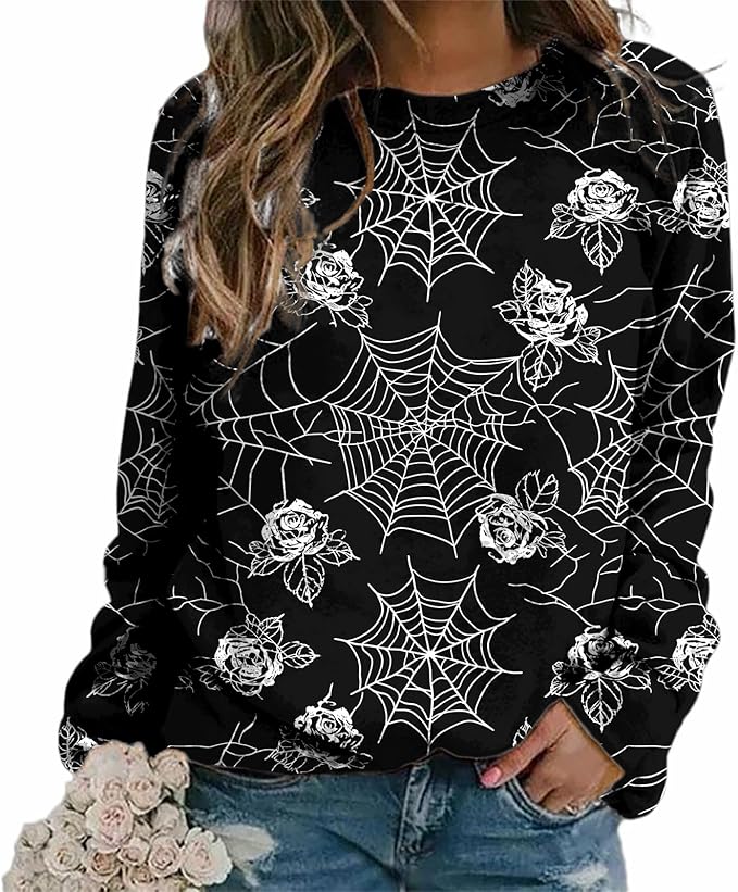 MARSVOVO Fall Sweatshirt for Women Novelty Spider Web Shirt Dressy Casual Crewneck Tunic Tops Spring Graphic Pullover