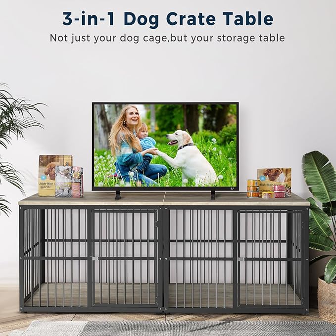 Lyromix 86.62''Dog Crate Furniture Large Breed TV Stand with Double Rooms,Wooden Dog Kennel Dog Crate End Table with Removable Divider for Large Medium Dogs, Can Use Separately