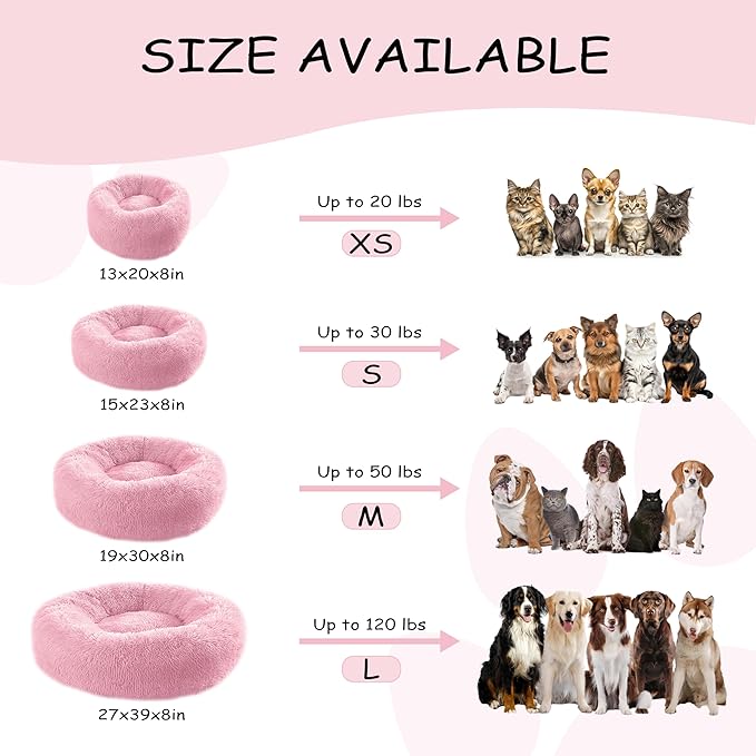 20'' inch Calming Dog Bed, Anti-Anxiety Donut Small Dog Bed, Warming Cozy Soft Cute Round Washable, Marshmallow Cuddler Nest Puppy Dogs and Cats Bed, Pink
