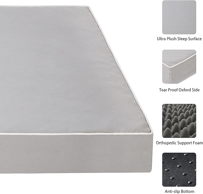 Dog Bed Mats for Big Dogs - Orthopedic Dog Pet Bed Thick Egg Foam Crate, Removable Washable Cover, Non-Slip Bottom Durable Dog Crate Bed Mat (Light Grey, XL(42''x30''x4''))