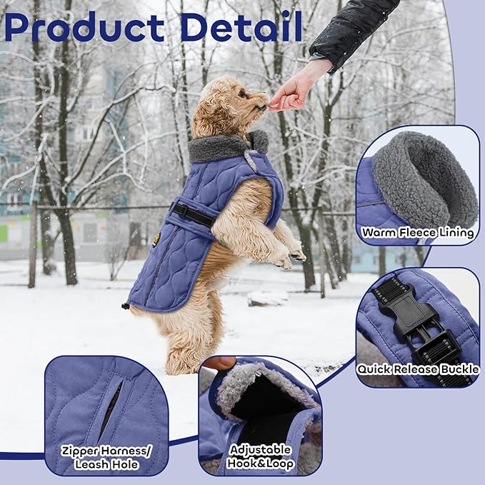 Dog Winter Coat, Adjustable Quilted Dog Snow Jacket with Fleece Lining, Water Resistant Pet Apparel for Cold Weather, Warm Large Doggie Coat with Leash Hole and Reflective Strip, NewBlue L