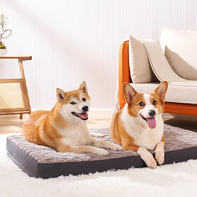 Orthopedic XL Dog Crate Bed - Waterproof Memory Foam Dog Mattress for Large Dogs, Plush Washable Cover & Non-Slip Bottom, Fits Kennels & Pet Crates, 41"x27" Grey