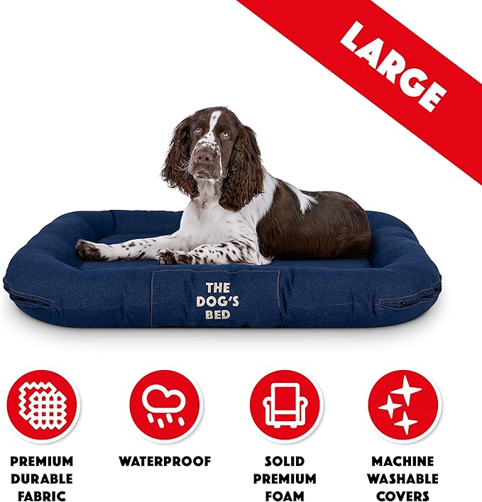 The Dog's Bed Utility Waterproof Dog Beds, Large, Durable Blue Denim Fabric, Tough YKK Zippers, Washable Reversible Cover, for Home, Car, Crate & Yard, Puppy & All Pet Comfort, Veterinary Approved
