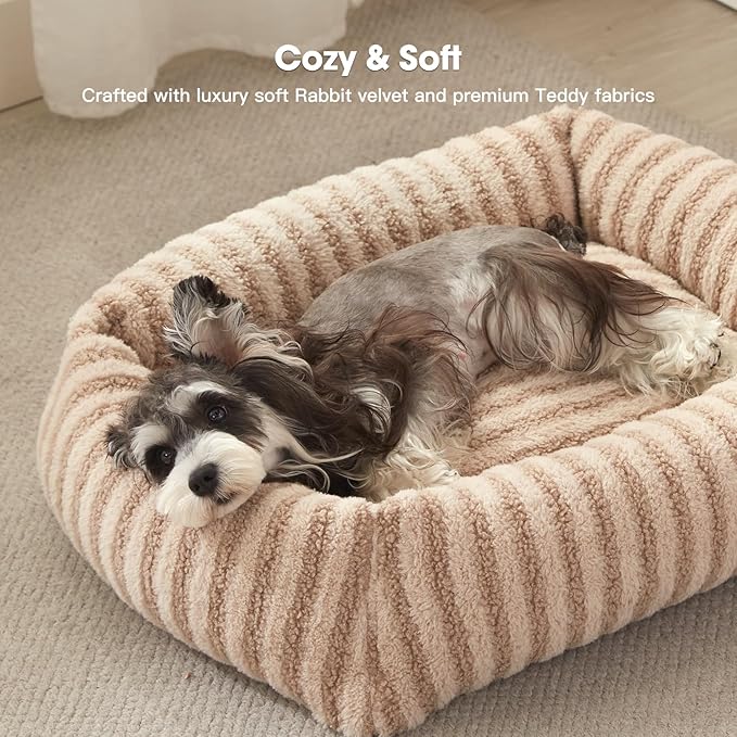 MIXJOY Dog Bed for Medium Small Size Dog, Washable Medium Dogs Bed with Removable Cover, Rectangle Doggy Ded Fluffy Plush Faux Fur Pet Bed with Anti-Slip Bottom, 25"x21"x7", Beige