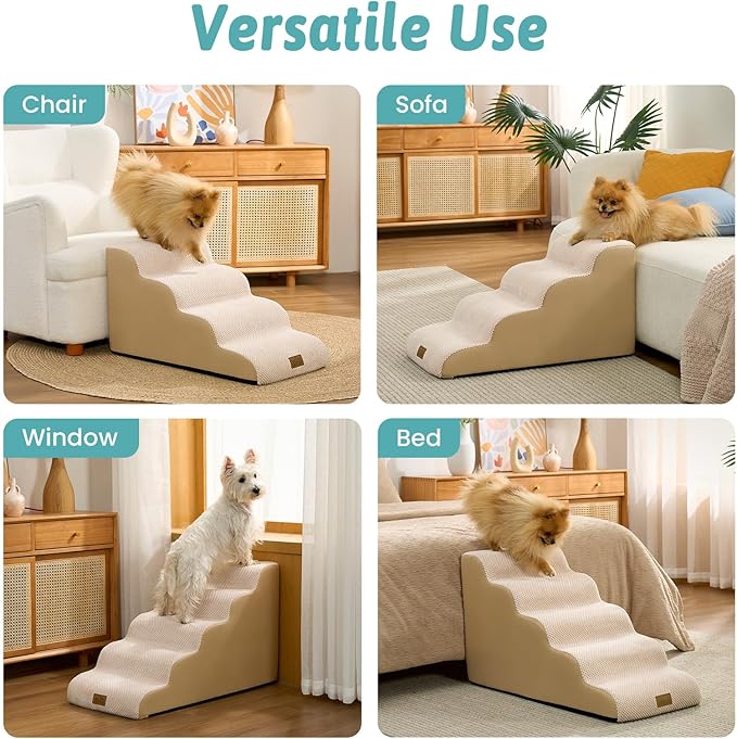Dog Stairs for Small Dogs 15.7" H, 4-Step Slope Dog Steps for Bed, Couch or Chair, Sturdy Pet Ramp for Puppy, Older Cat, Pet Ladder with High Density Foam, 15.7x28.3x15.7 inch, Beige