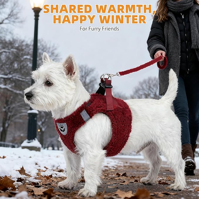 KOOLTAIL Plush Small Dog Harness and Leash Set, Warm Fleece No Pull Puppy Vest for Winter, Lightweight Reflective Step in Pet Harness for Medium Sized Dogs Boy Girl Outdoor Walking, Christmas Red M