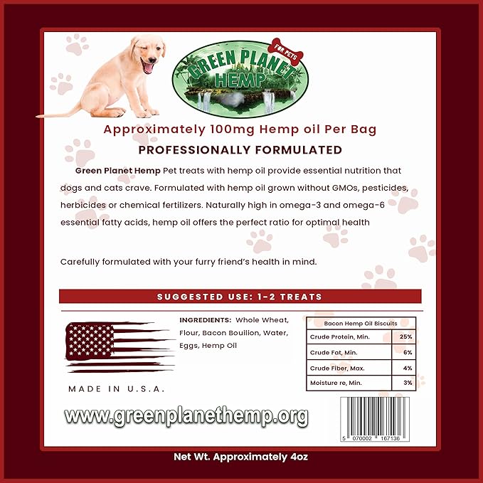 Dog Treats | Bacon 100mg of Hemp Per Bag | 100% Natural and Non GMO | Offers Your Pet Hip, Joint, and Muscle Support | Aids with Anxiety,Stress, and Pain