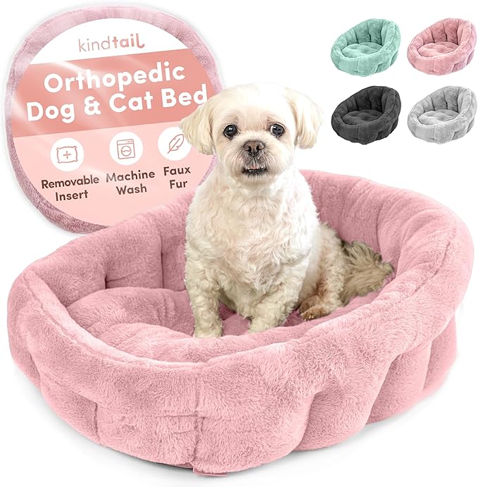 KindTail Medium Orthopedic Dog and Cat Bed - Faux Fur Luxury Cuddler for Pets Under 25lbs, Comfortable Waterproof Material with Nylon Base - 25" x 21" x 12" (Pink, Medium)