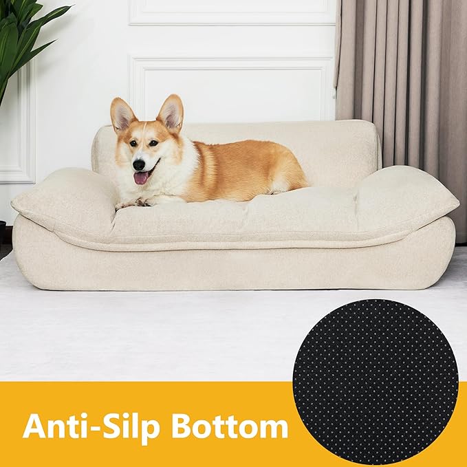 Lovupet Dog Couch for Large Breed, Fabric Dog Sofa Bed with Anti-Slip Bottom, PS215 (White)