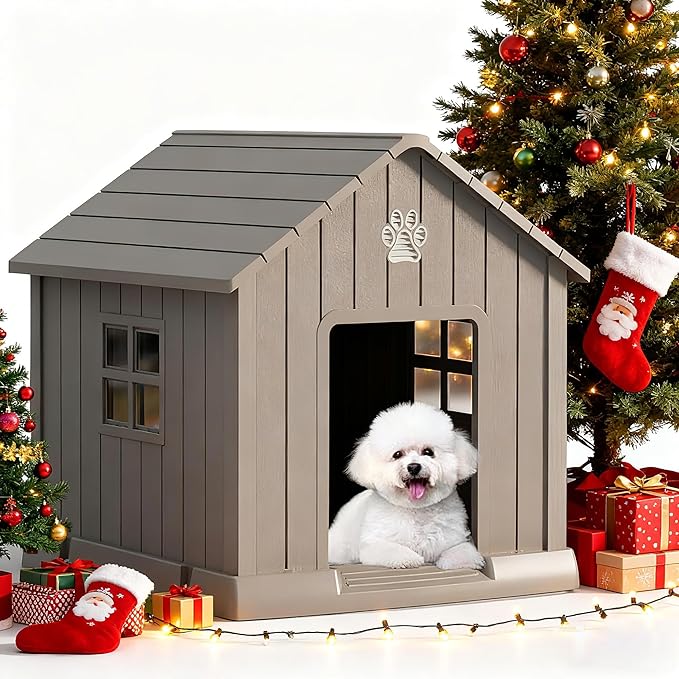 Fancyango Dog House Outdoor Indoor - Waterproof, Ventilated, Easy to Clean, Elevated Floor for Small-Large Dogs, Easy to Assemble (Grey, 31" L x 33.3" W x 33.5" H)