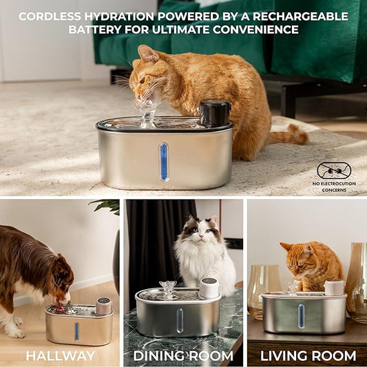 Wireless Cat Water Fountain Stainless Steel 108oz/3.2L, Cordless, Battery Operated Cat Fountain (Last up to 50 Days), Ultra Quiet, 2 Flow Modes, Multi-Filtration, BPA Free, Includes 2 Filters - Black