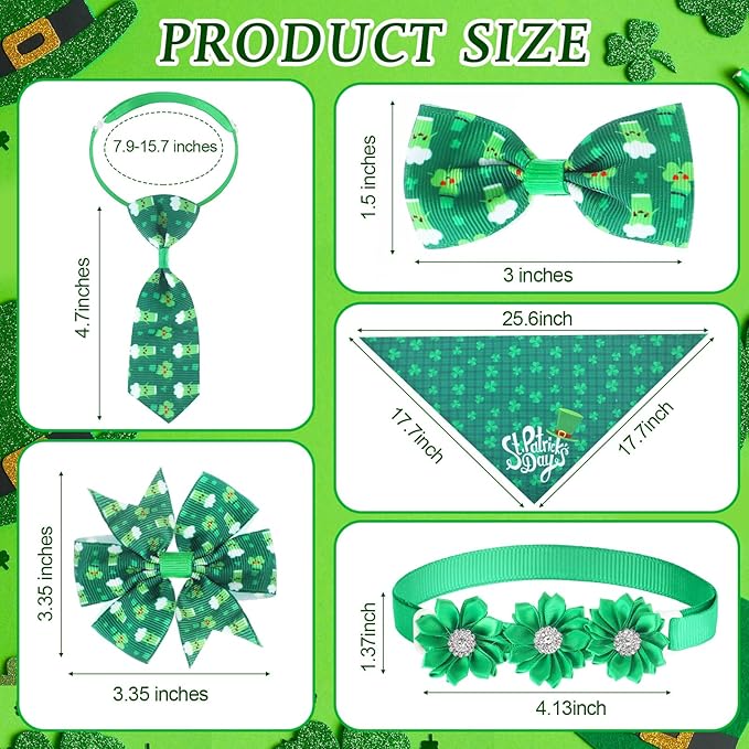 Reginary 40pcs St. Patrick's Day Dog Bow Ties Collars Bulk Clover Dog Bandanas Neckties Adjustable Shamrock Collars Pet Grooming Accessories for Small Medium Cats Holiday Pet Decorations