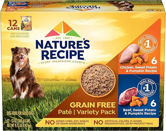 Nature's Recipe Grain Free Wet Dog Food Paté Variety Pack Chicken and Beef Recipes with Sweet Potato & Pumpkin, 13oz. Cans (Pack of 12 Cans)