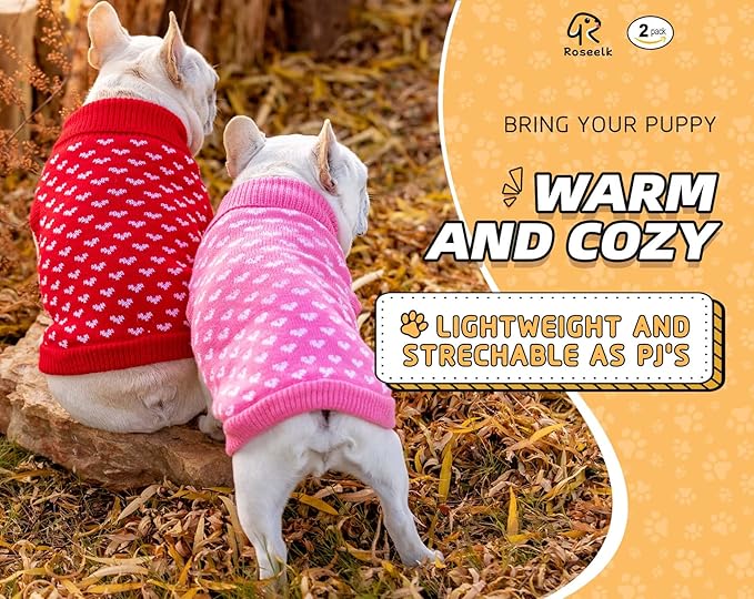 2 Pack Dog Sweater Winter Warm Clothes - Heart Soft Puppy Medium Thickening Turtleneck Sweatshirt for Chihuahua, Bulldog, Dachshund, Pug, Yorkie (M, Pink, Red)
