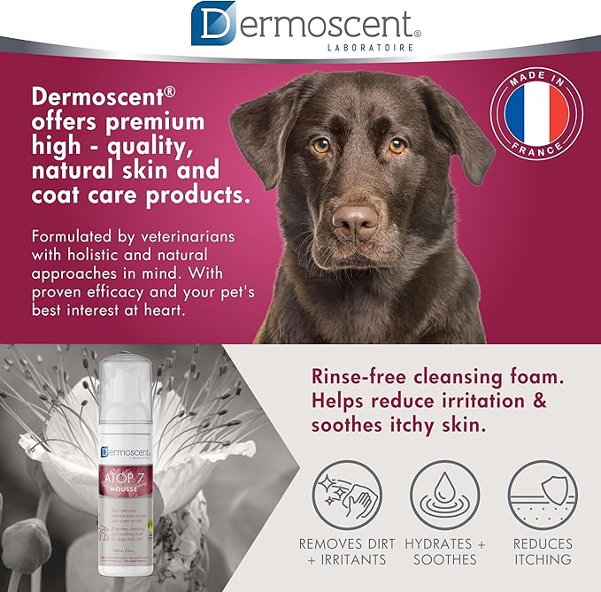 Dermoscent ATOP 7 Mousse - Waterless Dog Shampoo for Dogs & Cats - Cleansing Soothing Dry Shampoo for Itchy Skin Relief & Allergy-Prone Skin - 150 ml