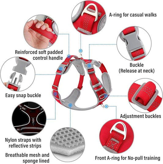 Plutus Pet No Pull Dog Harness, Release at Neck, Reflective Adjustable Dog Vest Harness, Easy Control Handle for Walking, for Small Medium Large Dogs, Red, S