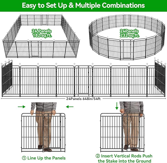 Dog Fence Outdoor 24 Piece Panels 47" Height, Square Steel Pipe with Reinforced Crossbars, Anti-Rust Heavy Duty Dog Playpen with Doors Portable for Yard RV Camping, Total 54FT, 227 Sq.ft, Snowy Black