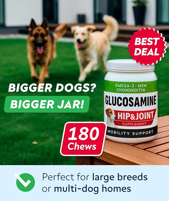 Glucosamine Treats for Dogs - Hip & Joint Supplement w/Omega-3 Fish Oil - Chondroitin, MSM - Advanced Mobility Chews - Joint Pain Relief - Hip & Joint Care - Bacon Flavor - 180 Ct - Made in USA