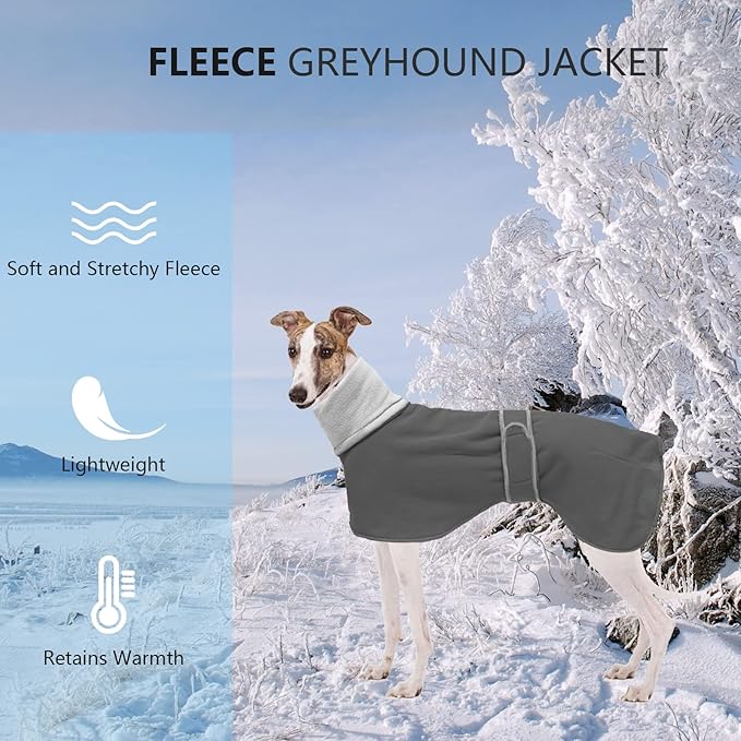 Geyecete Greyhound Cosy Fleece Jumper, Dog Winter Coat with Warm Fleece Lining, Outdoor Dog Apparel with Adjustable Bands for Medium, Large Dog Gray-S