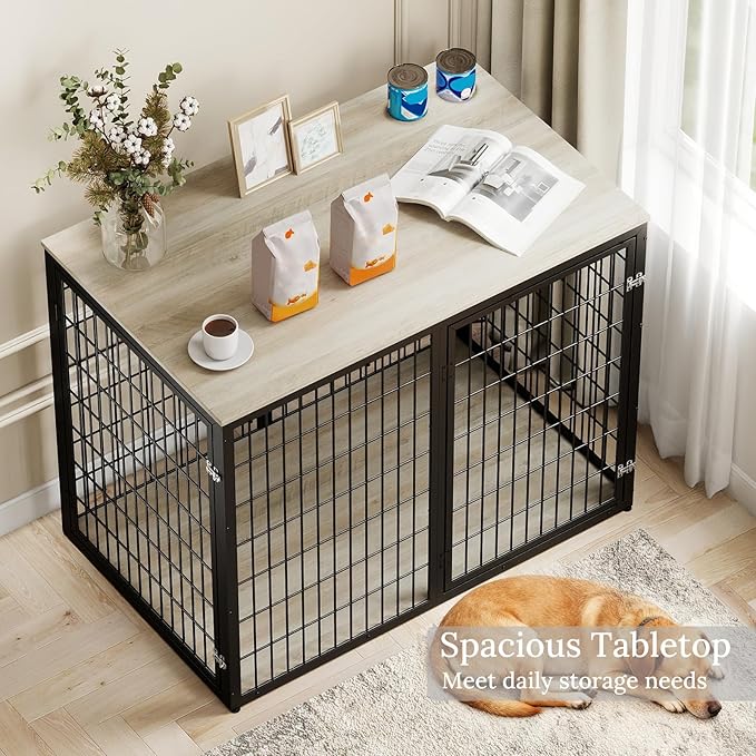 48" Dog Crate Furniture for Medium Large Dogs, Indestructible Large Dog Kennel Indoor with 3 Doors, Wooden Dog Cage Side End Table, Heavy Duty XL Dog Crate, Gray