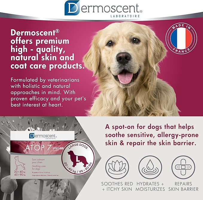Dermoscent ATOP 7 spot-on - Large Dogs 45-90 lbs - Soothing Care for Sensitive, Dry and Itchy Skin or Allergy Prone Skin - Natural Ingredients - 4 pipettes