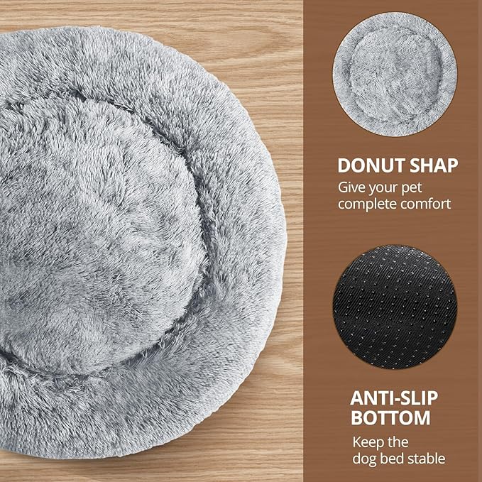 JOLLYVOGUE Small Dog & Cat Beds for Indoor Cats, Donut Cuddler Warming Soft Dog Beds with Anti-Slip Bottom, Round Calming Fluffy Plush Faux Fur Cushion Bed for Large Dogs (36", Smoke Grey)
