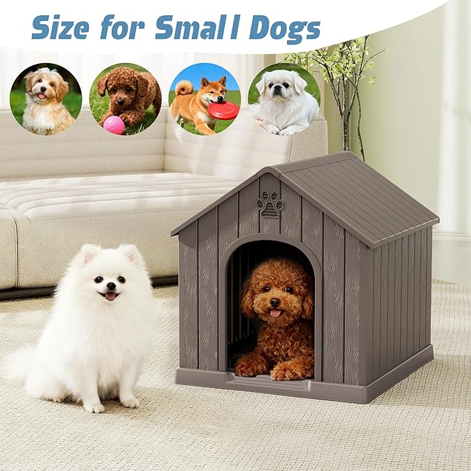 Fancyango Dog House Outdoor Indoor for Medium Large Dogs, Sturdy Plastic Waterproof Doghouse with Air Vents and Elevated Floor, Easy Clean and Assemble (Grey, 26.18''L × 24.02''W × 25.98''H)