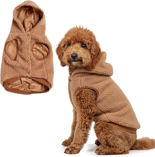Spark Paws Fleece Dog Jacket, Hooded Sweater Vest, Warm Coat for Winter - Suitable for Small Medium Large XL XXL Breeds - Brown - 2XL
