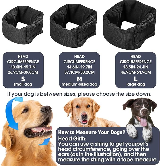 Pacify Dog Calming Hoodie, No Shake Ear Wraps for Dogs, Adjustable Dog Ear Muffs Head Wrap for Noise Reduction, Anxiety Relief, Grooming, Thunder, Hematoma (Black, S(Head Girth:10.6"-15.7"))