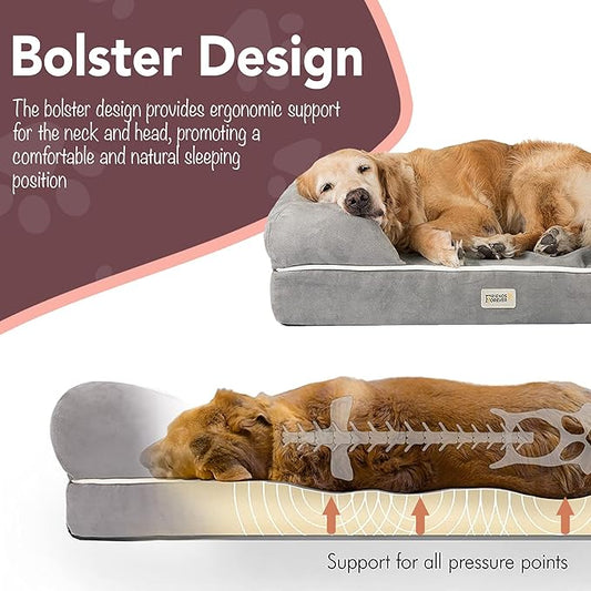 Friends Forever Large Dog Bed, Orthopedic Pet Sofa Memory Foam Mattress, Calming Dog Couch, Wall Rim Pillow, Water Resistant Liner, Washable Cover, Non-Slip Bottom, Chester, Large Grey