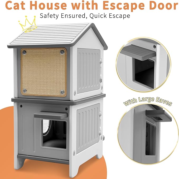 Rockever Outdoor Cat House with Insulated Liner, 100% Insulated Cat Houses for Winter Outside, 2 Story Waterproof Cat House For Outdoor Cats, Sturdy Stainless Steel Bowl & Scratching Post,Clean Easily