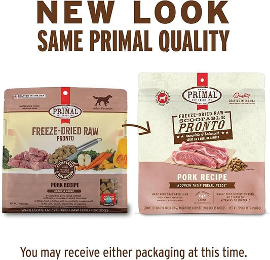 Primal Freeze Dried Dog Food, Pronto Mini Nuggets, Pork; Scoop & Serve, Complete & Balanced Meal; Also Use As Topper or Treat; Premium, Healthy, Grain Free, High Protein Raw Dog Food (7 oz)