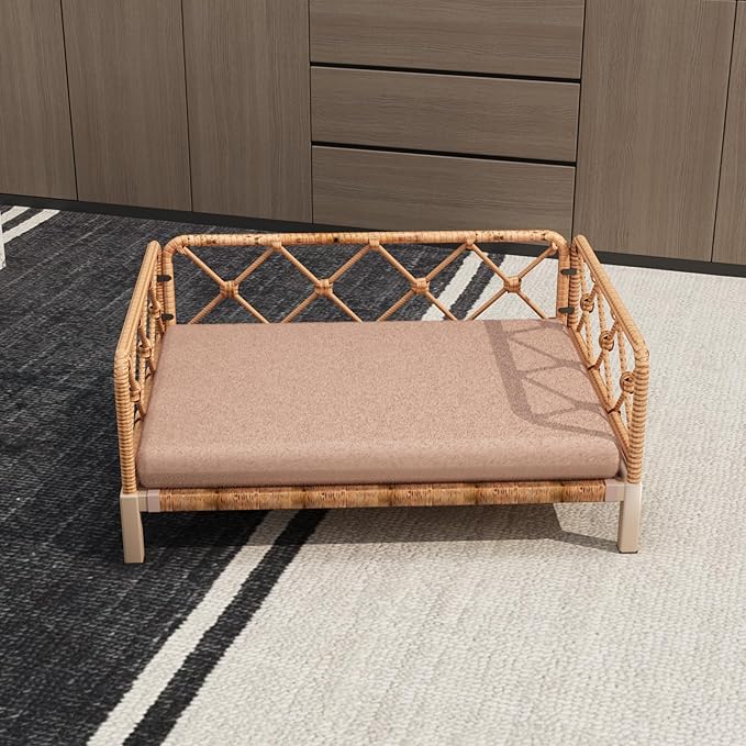 Wicker Dog Bed with 2" Cushion,Rattan Dog Sofa Bed for Small Medium Dogs– Indoor/Outdoor Metal Frame Pet Bed up 66lbs (Brown Rattan Brown Cushion)