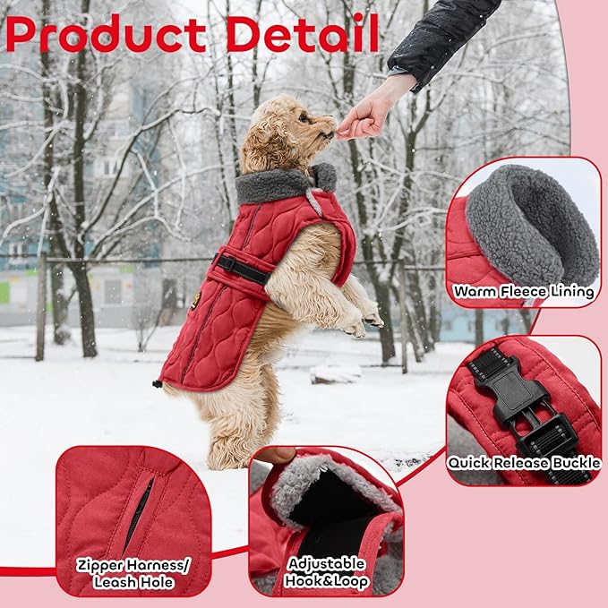 Dog Coat Winter, Waterproof Quilted Dog Jacket for Cold Weather, Reflective Adjustable Puppy Winter Coat, Warm Turtle-Neck Pet Fleece Snow Jacket for XX-Large Dogs, NewRed XXL