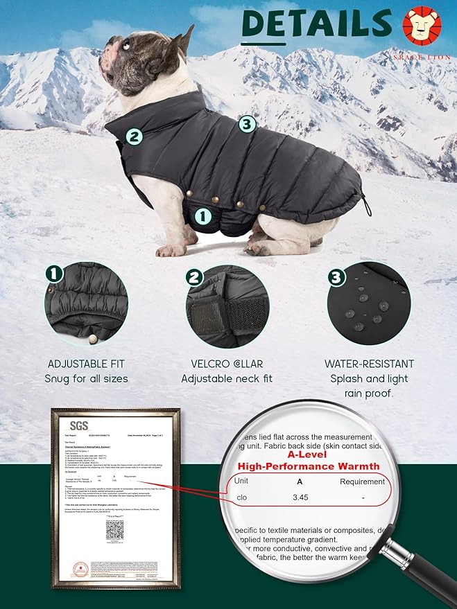 SPACE LION Puffer Jacket, Down Winter Coat, Waterproof, Windproof, Lightweight Jacket, Adjustable Fit for Large Dogs(BlackGrey,2XL)