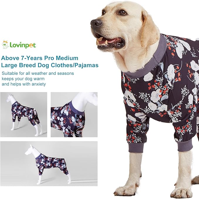 LovinPet Medium/Big Breeds Large Dog Pajamas, Anti Licking, Wound Care/Post Surgery Dogs Pajamas, Lightweight Stretchy Fabric, Beautiful Bouquets Black Print Large Dog Onesies, Pet PJ's /3XL