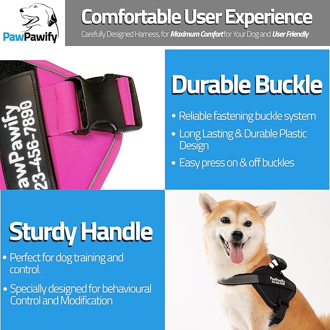 PawPawify Custom No Pull Dog Harness with Name and Phone Number, Heavy Duty Personalized Pet Vest to Prevent Tugging, Pulling, or Choking, Training and Walking (New Black, XL (Chest 28-35in))