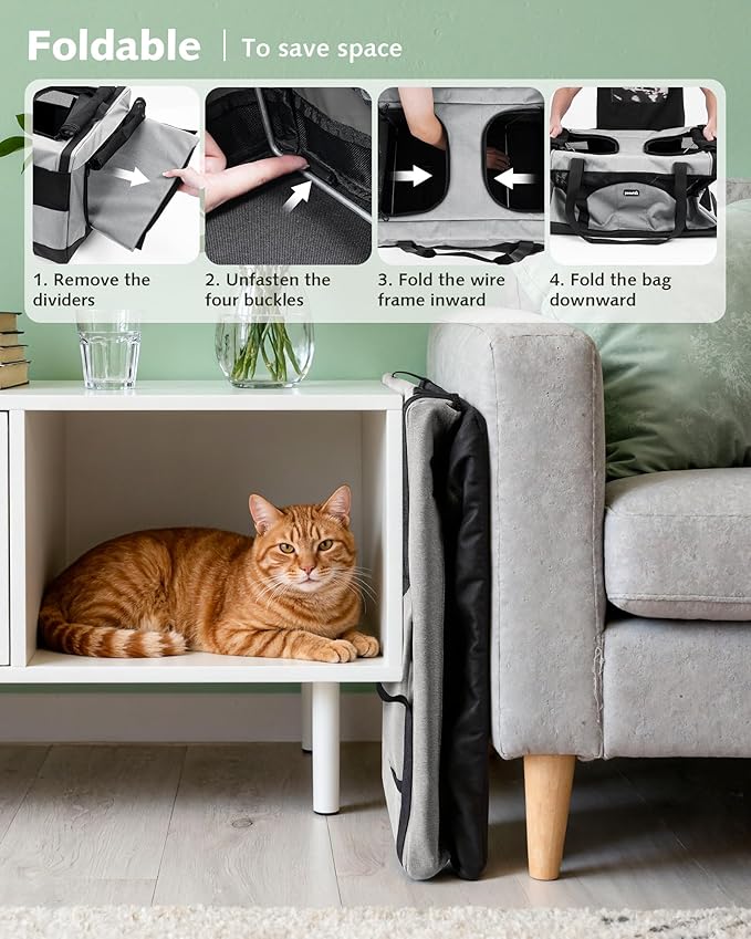 Pecute Cat Carrier for 2 Cats,Collapsible Soft Cat Carrier for Small to Medium Cat,can Hold 20lbs+ for Two Kitty Puppy,Stable and Secure Framework Design,Extra Large Dog Carrier for Travel,Gray