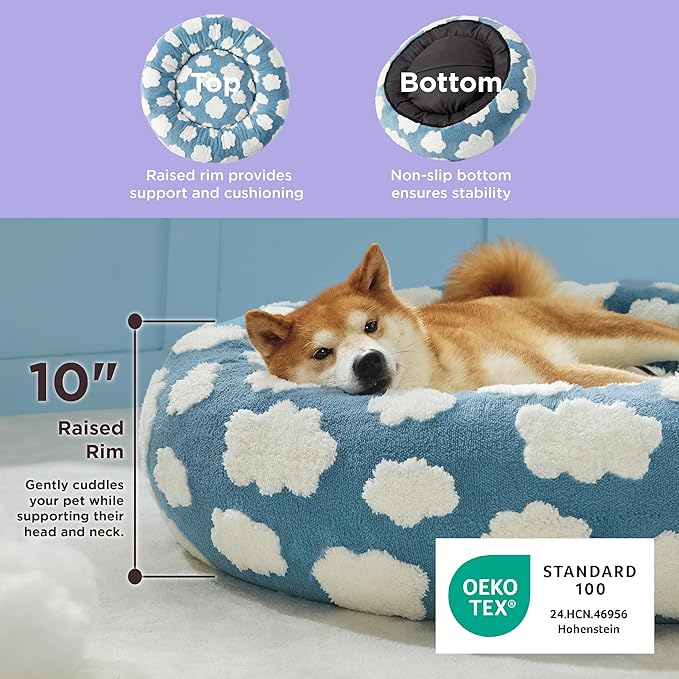 LE SURE Donut Dog Beds Large Sized Dog - Round Pet Beds for Calming Puppy with Washable Cover, Orthopedic Modern Beds with Jacquard Shaggy Plush & Anti Slip Bottom, 36 Inch，Blue